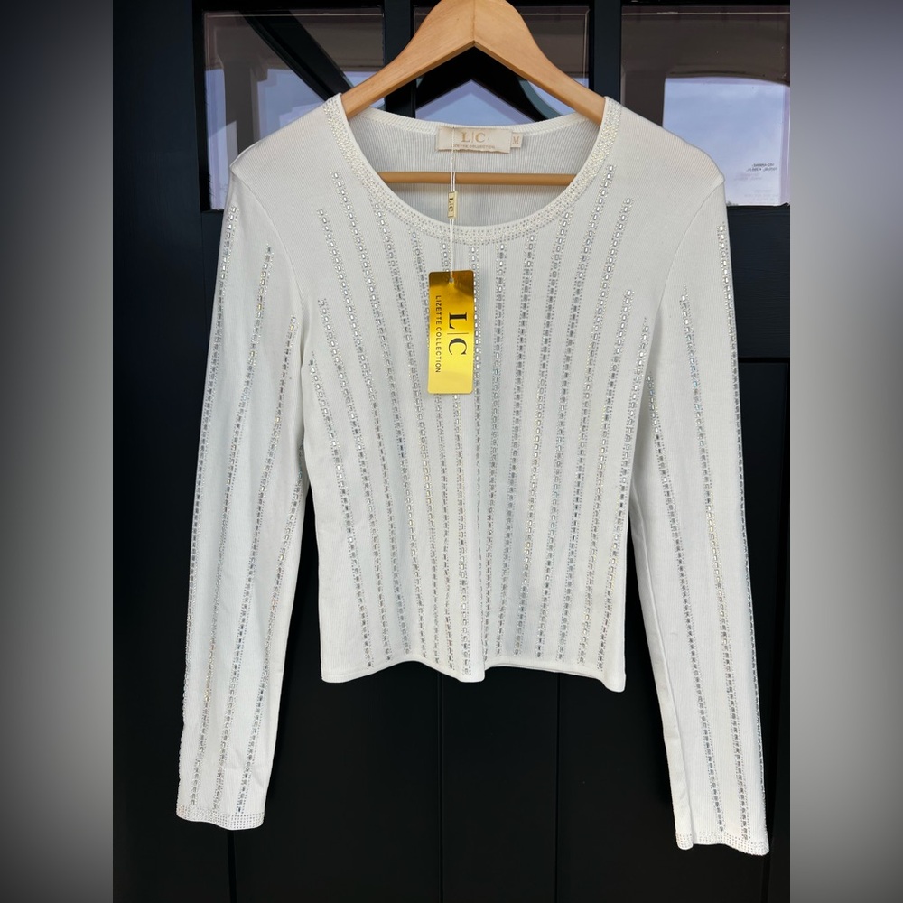 Women's M White Embellished Beaded Long Sleeve Top Sweater Glam Party NWT